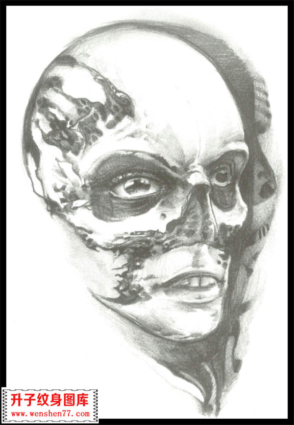 黑白骷髅人物纹身手稿