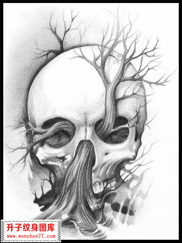 黑白树与骷髅头纹身手稿