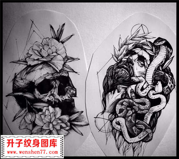 骷髅头玫瑰蛇纹身手稿