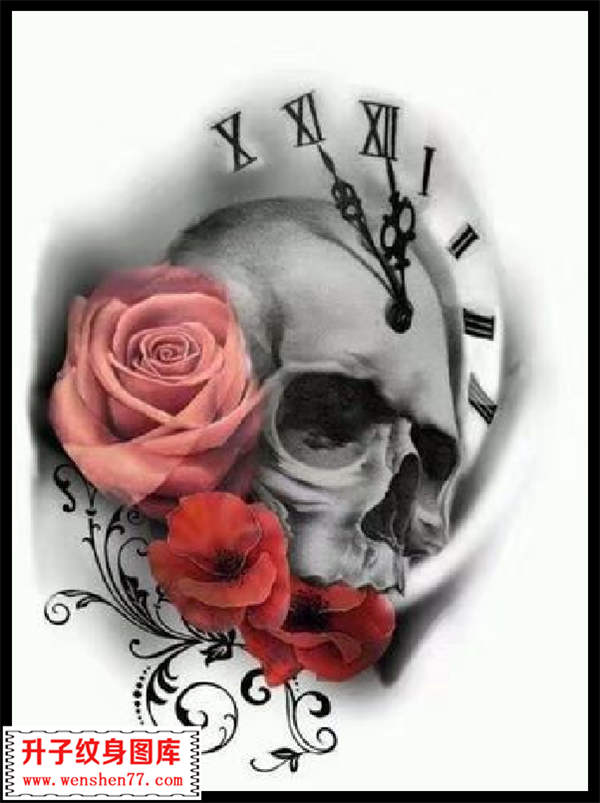 玫瑰花钟表骷髅头纹身手噶