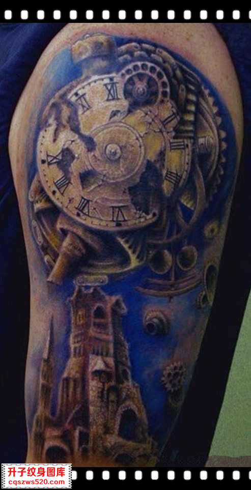 手臂城堡钟表纹身图案
