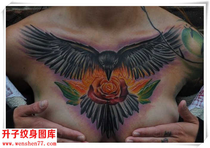 胸口鹰与玫瑰花纹身