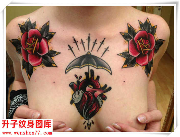 胸口玫瑰花纹身心脏纹身图案