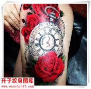 <b><font color='#FF0000'>臀部纹身 漂亮的时尚的玫瑰钟表纹身图案</font></b>