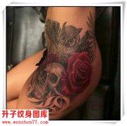 <b>臀部猫头鹰骷髅头玫瑰花纹身图案</b>
