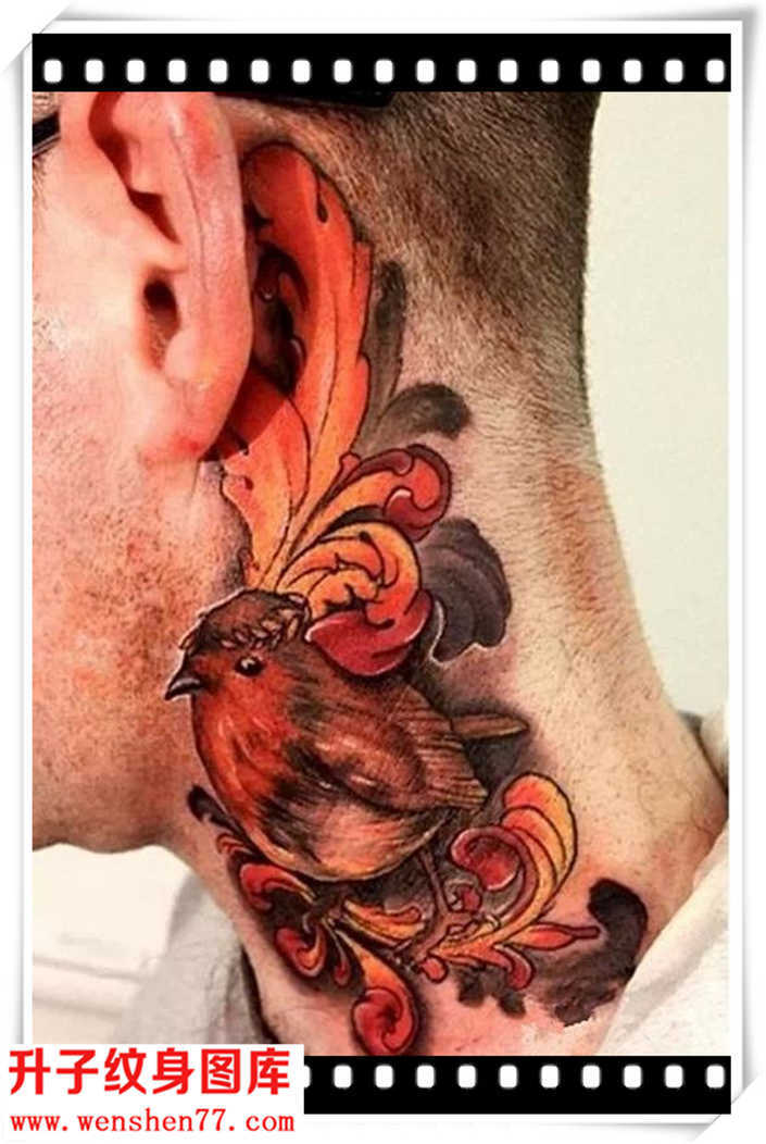 脖子植物鸟纹身图案