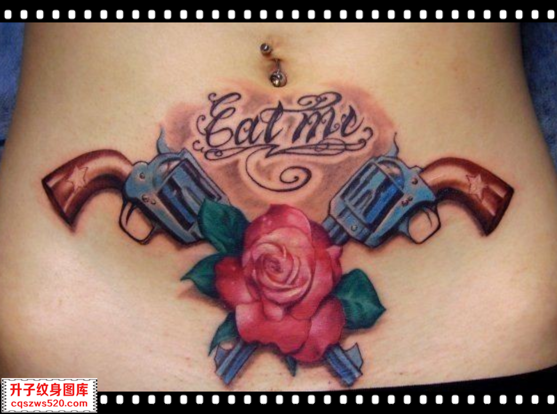 漂亮的腹部玫瑰花左轮纹身图案