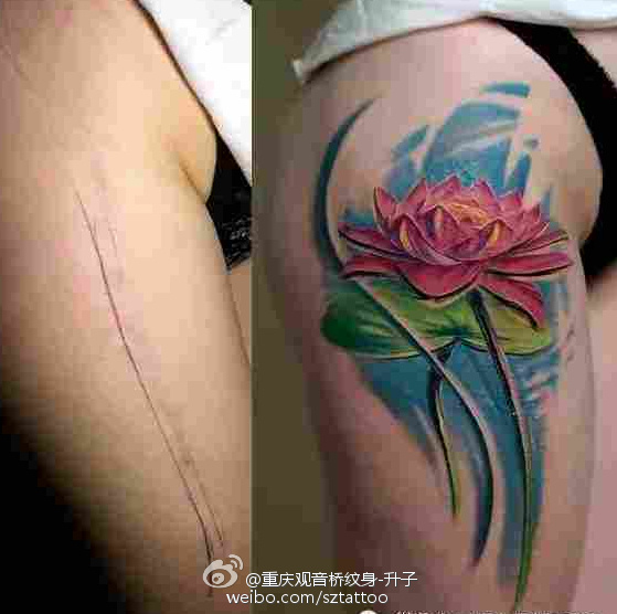 大腿疤痕遮盖花纹身图案