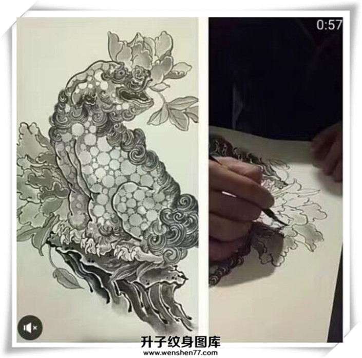 唐狮纹身手稿图案