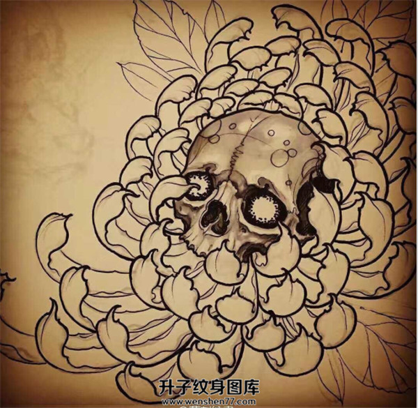 骷髅菊花纹身图案  重庆纹身