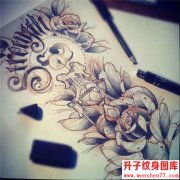 <b>英文字母玫瑰花纹身手稿图案 纹身图片</b>