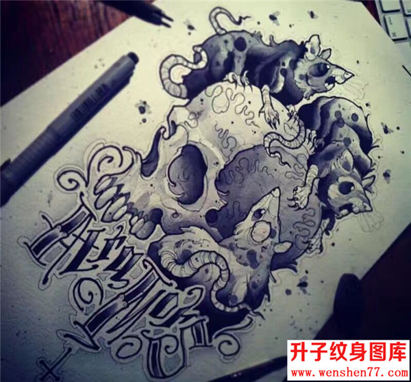 骷髅老鼠纹身手稿图案 重庆纹身店