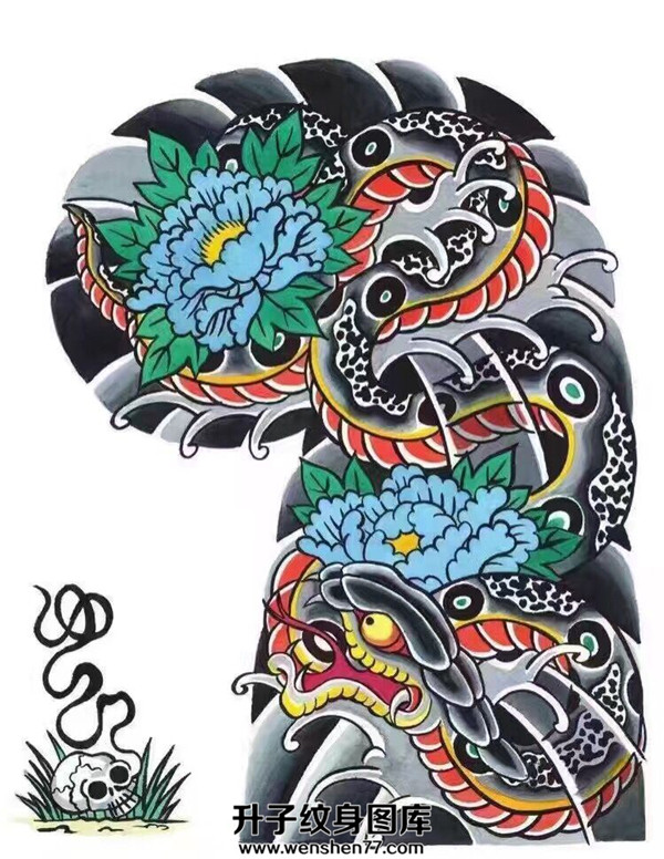 传统蛇牡丹花纹身手稿图案 重庆纹身店