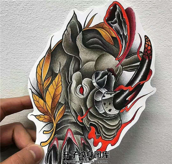 欧美犀牛纹身手稿图案
