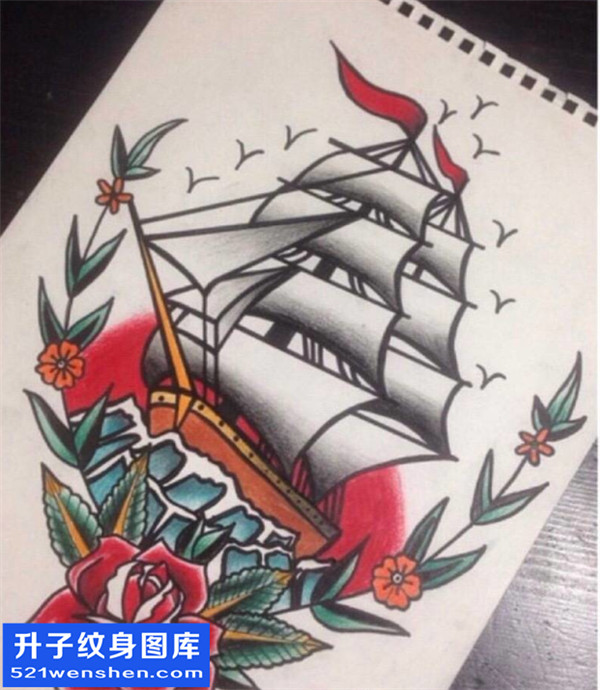 欧美船帆纹身手稿图案