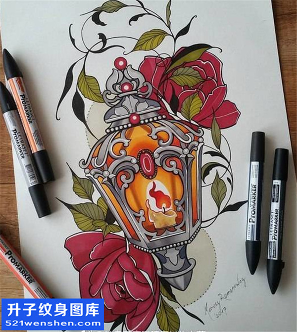 灯笼玫瑰花纹身手稿图案