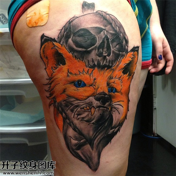 大腿骷髅狐狸纹身图案