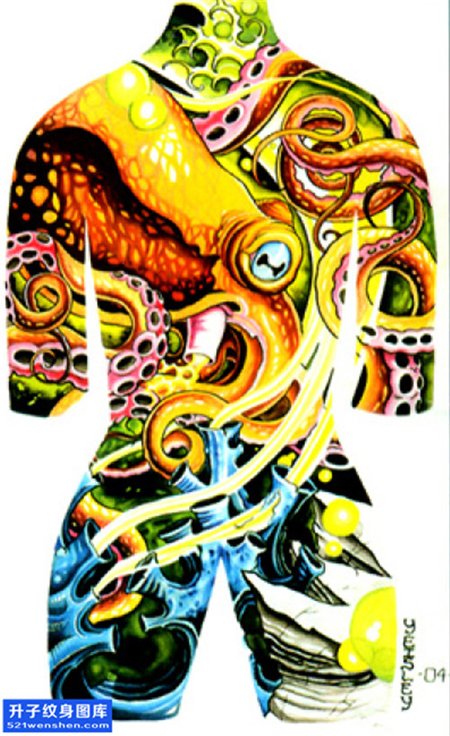 满背彩色章鱼纹身手稿图案