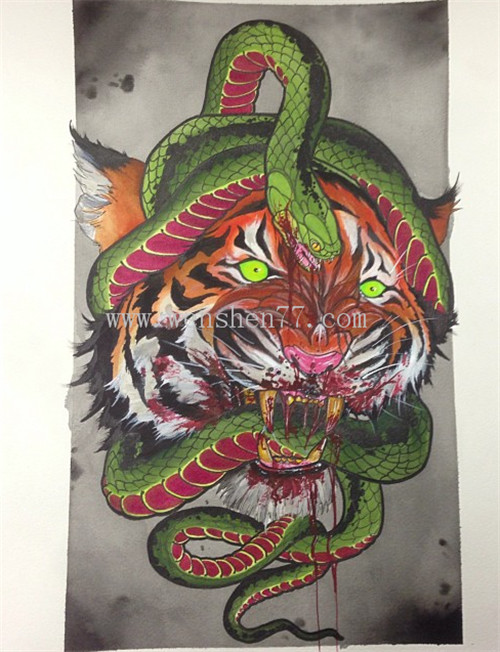 老虎蛇纹身手稿图案