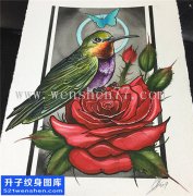 <b>鸟玫瑰花纹身手稿 动物纹身</b>