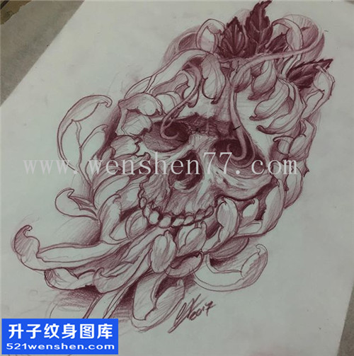 骷髅菊花纹身手稿