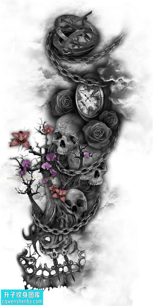 骷髅钟表玫瑰花纹身手稿