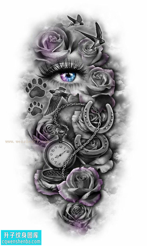 玫瑰钟表燕子眼睛纹身手稿图片