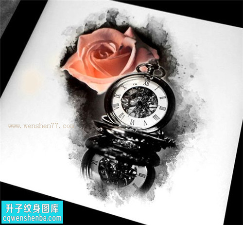 钟表玫瑰花纹身手稿图案