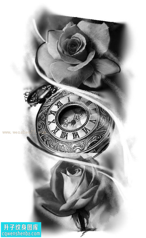 玫瑰花钟表纹身手稿图案