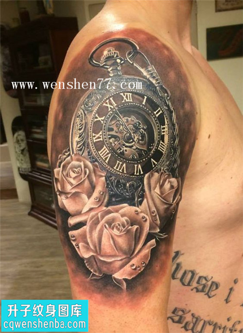 大臂欧美写实钟表玫瑰花纹身图案