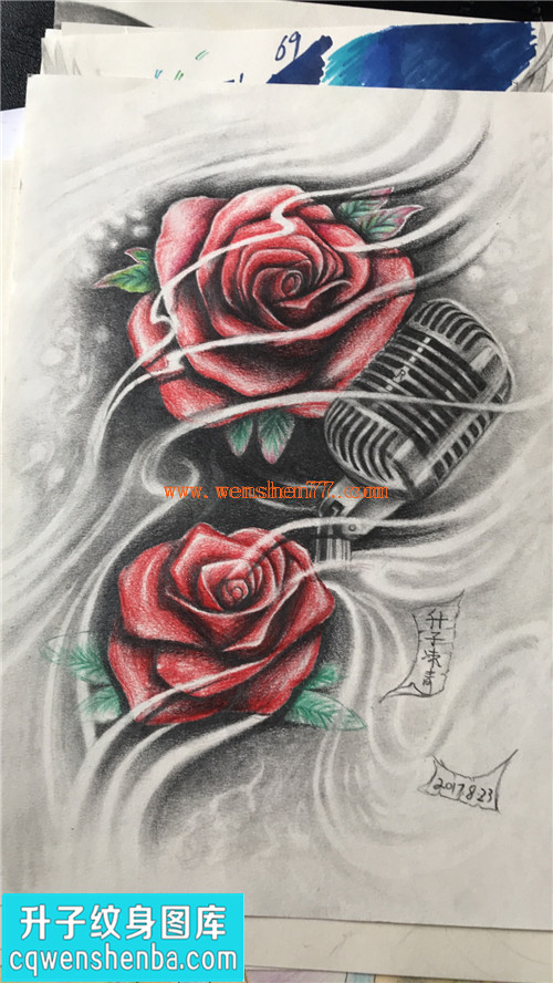 玫瑰花麦克风纹身手稿升子绘