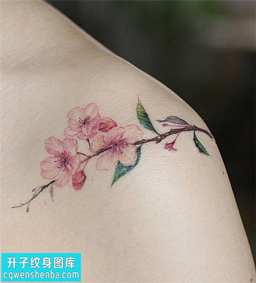 女性肩膀桃花纹身图案