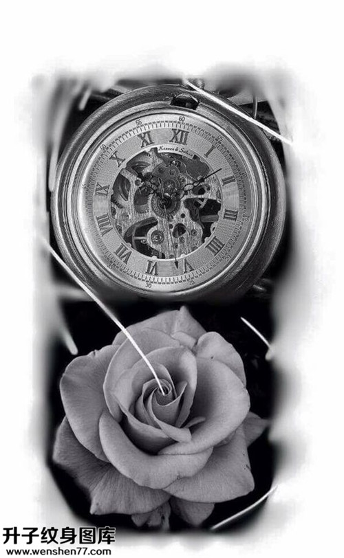钟表玫瑰花纹身手稿