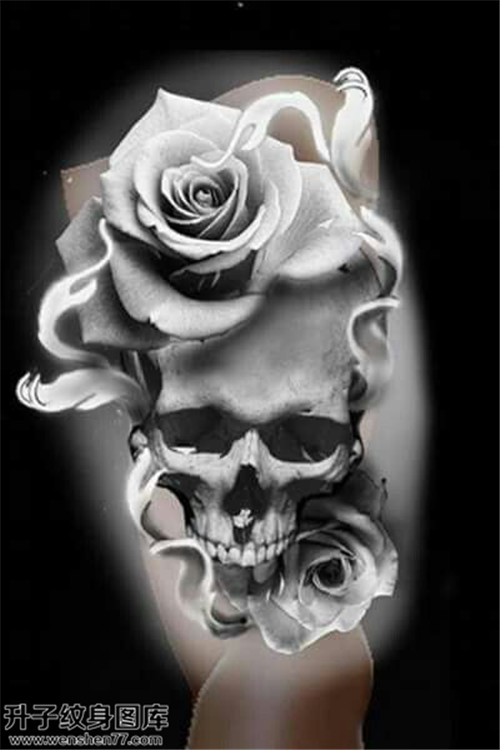 黑白骷髅玫瑰花纹身图案