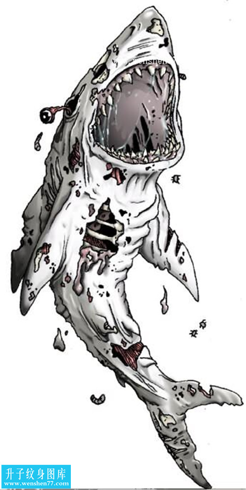 黑白血腥鲨鱼纹身图案