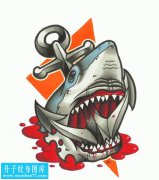 欧美彩色鲨鱼船锚纹身手稿图案