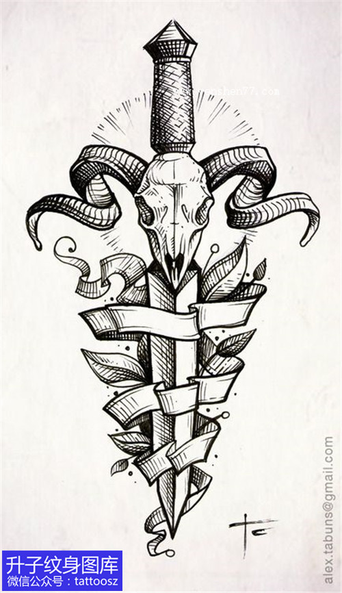 羊头与剑花藤纹身手稿图案