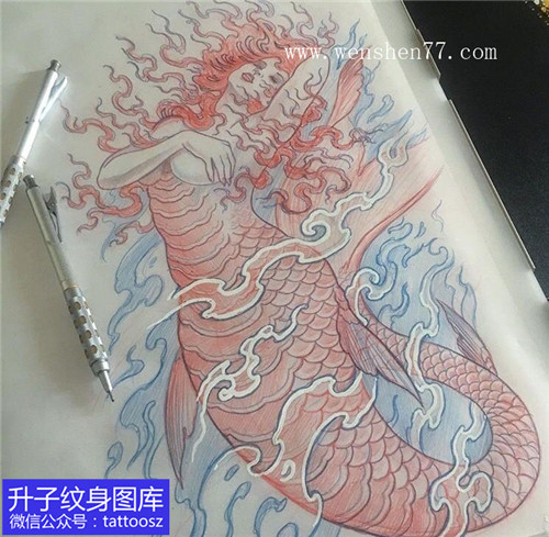 美丽的彩色美人鱼纹身手稿图案