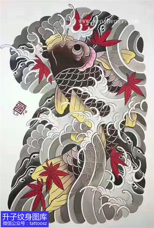 老传统鲤鱼半甲彩色纹身手稿图案