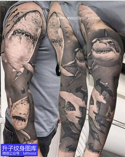 欧美黑灰写实鲨鱼花臂纹身图案