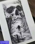 <b>欧美黑灰骷髅与小女孩纹身手稿图案</b>