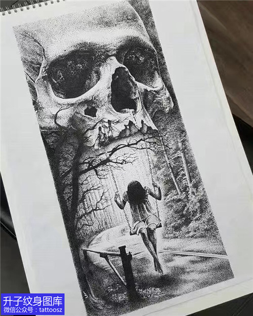 欧美黑灰骷髅与小女孩纹身手稿图案