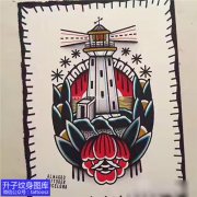 <b>old school玫瑰花灯塔纹身手稿图案</b>