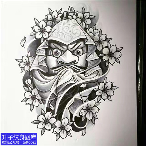 黑灰达摩樱花纹身手稿图案