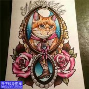 <b>彩色欧美new school猫与玫瑰花纹身手稿图案</b>