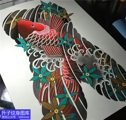 老传统大满背鲤鱼枫叶纹身手稿图案