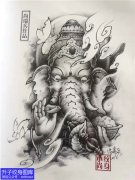 <b>正面黑灰象神枫叶纹身手稿图案</b>