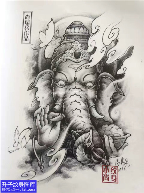 正面黑灰象神枫叶纹身手稿图案