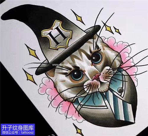 欧美new school猫咪纹身手稿图案