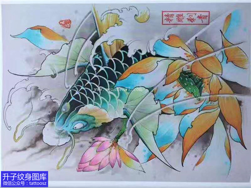 新传统彩色鲤鱼纹身手稿图案
